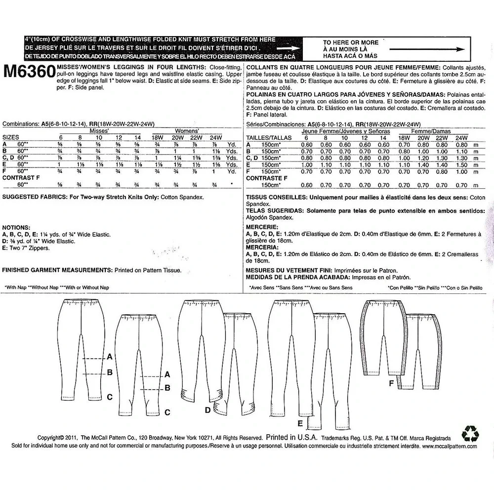 Sewing Pattern McCall's M6360 Women's Leggings‎ Pattern A5 8-14 Easy Kn